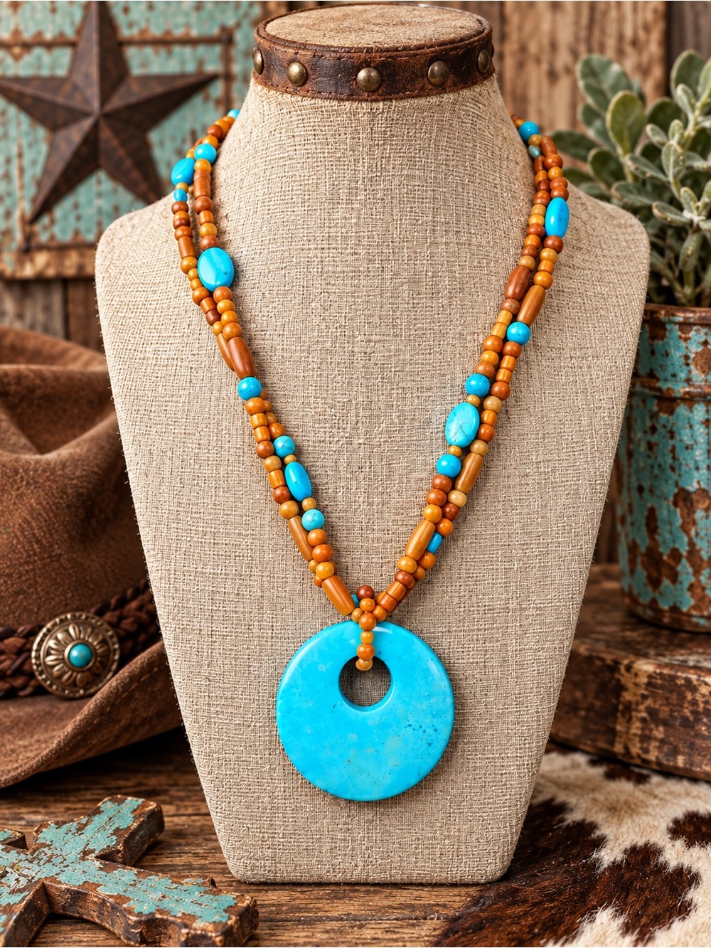 Coldwater Creek Blue Turquoise Horn Disc on Double Strand Beaded Necklace NWT